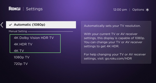4k setting on roku