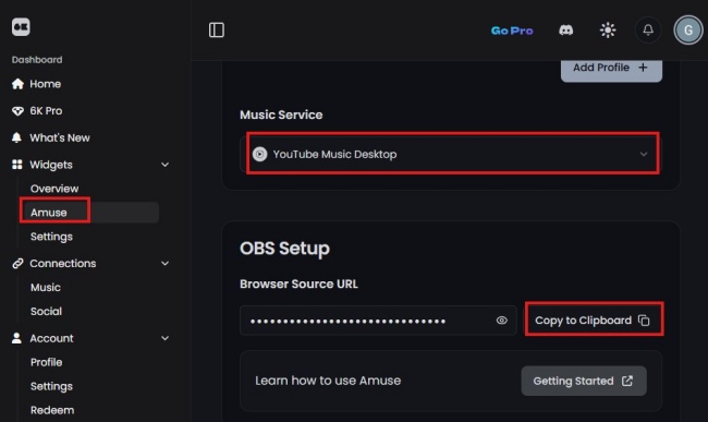 6klabs dashboard amuse music service youtube music desktop