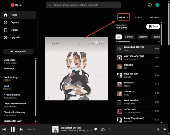 access the youtube music queue on desktop