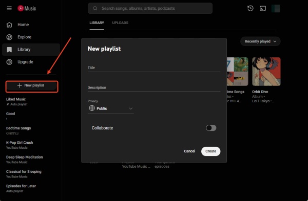 add a playlist from left sidebar on youtube music web