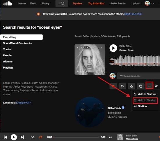 add a track to soundcloud playlists on web