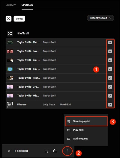 add youtube music uploads to a playlist