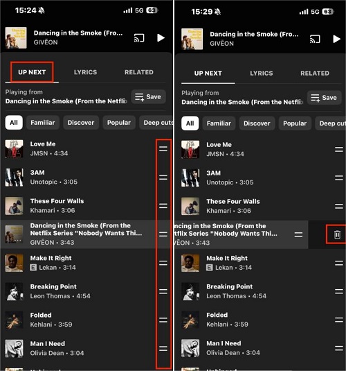 adjust youtube music playlist order on mobile