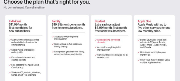 apple music subscription plans
