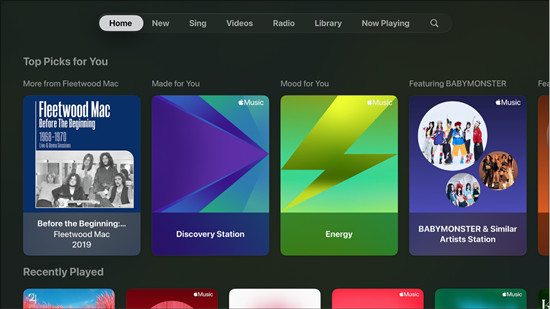 apple tv apple music app main interface