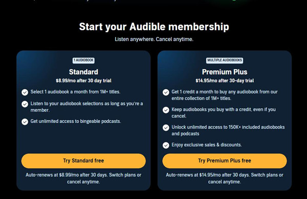 audible membership plans and pricing