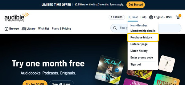 audible web purcahse history