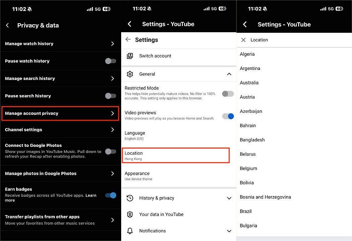change location in youtube music app