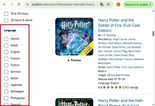 check a language filter on audible on desktop