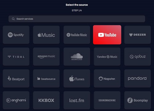 choose youtube as source on tunemymusic
