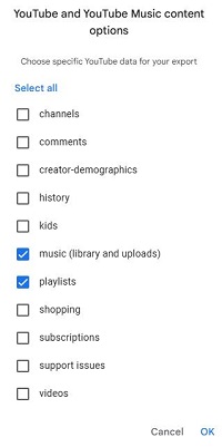 choose youtube contents on google takeout