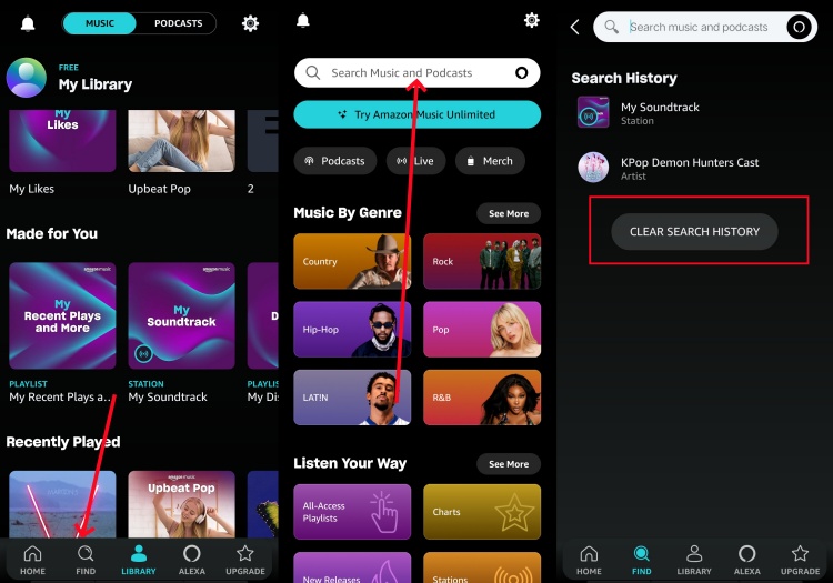 clear amazon music search history phone