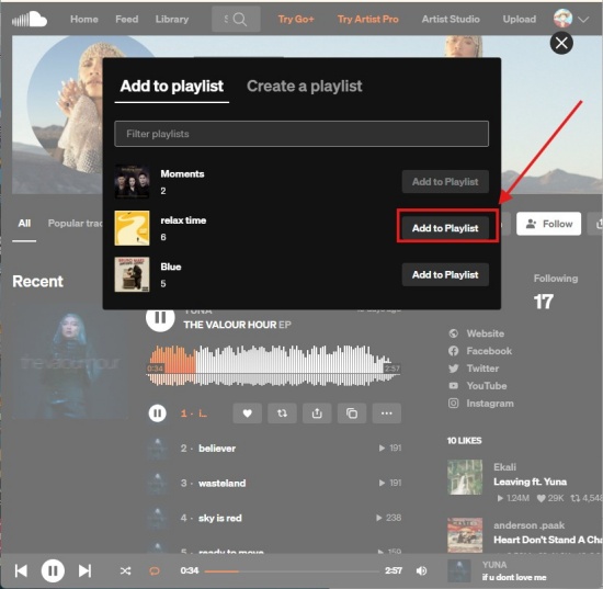 click add to playlist on soundcloud web