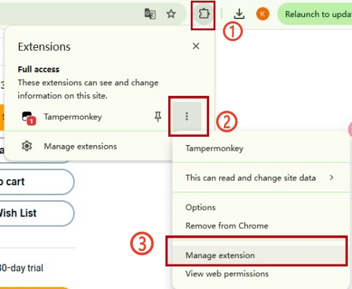 click manage extensions to access tempermongkey settings