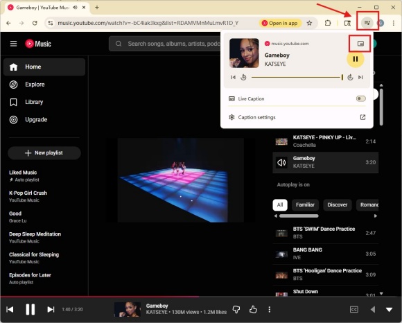 click music note icon and picture in picture on ytm web