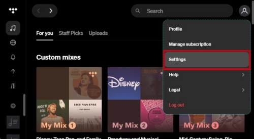 click settings to find tidal ai content switch on desktop