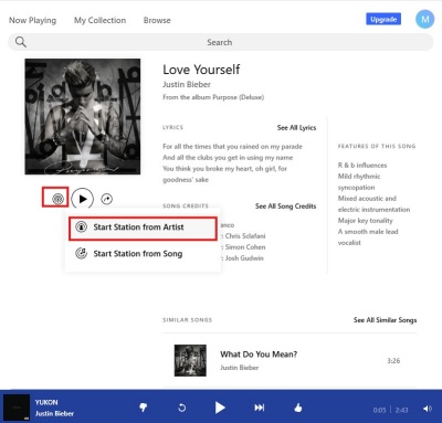 click start station under the picture on pandora web