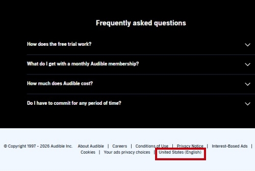click your country at the audible website footer