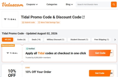 coupon aggregator websites for tidal promo codes
