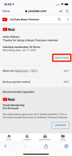 deactivate youtube music on mobile browser