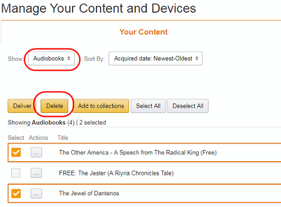 delete audible from website
