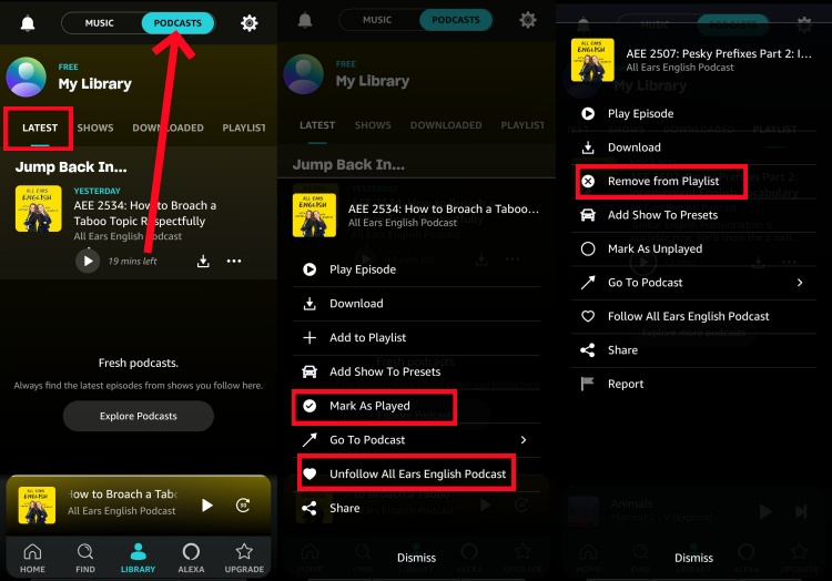 delete-podcast mazon music mobile