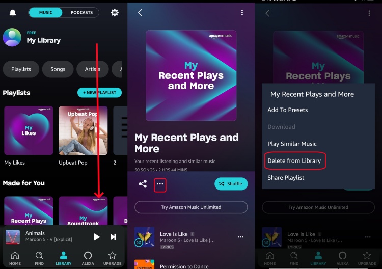 delete recetly listened amazon music mobile