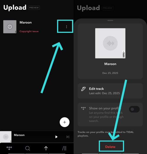 delete tidal uploads mobile