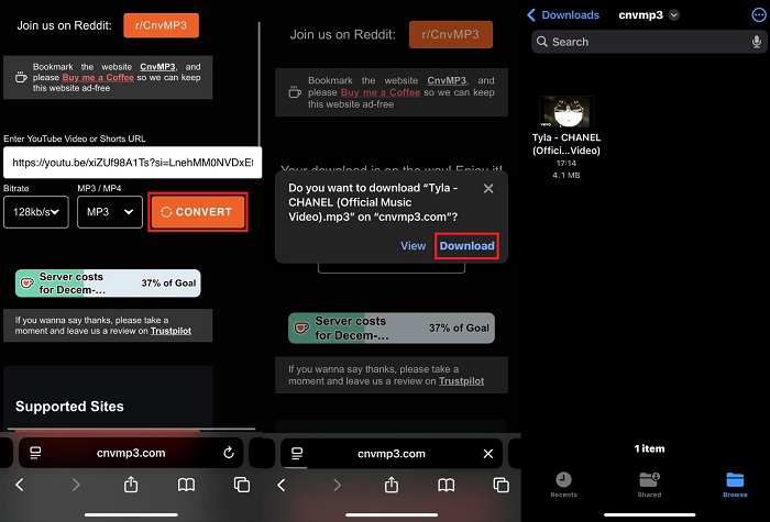 download with cnvmp3 on iphone
