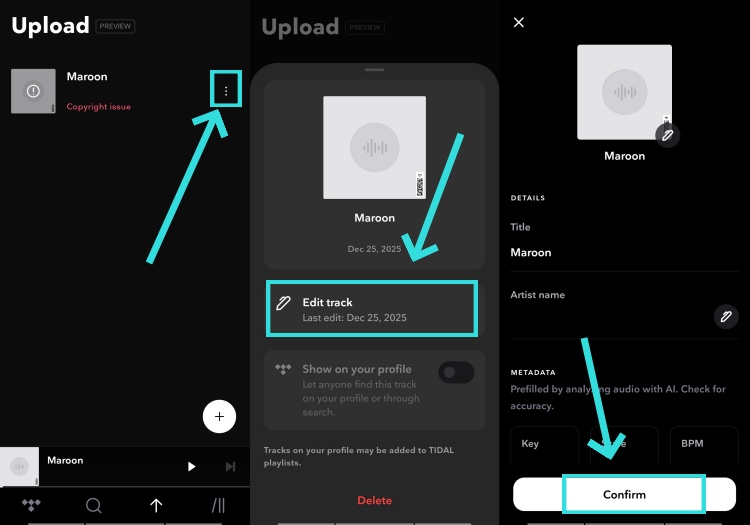 edit tidal uploads mobile