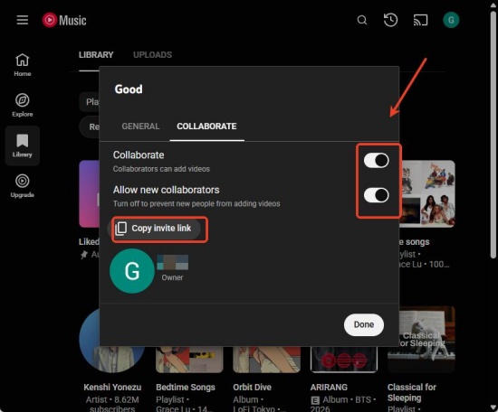 enable collaborate and copy link on ytm web