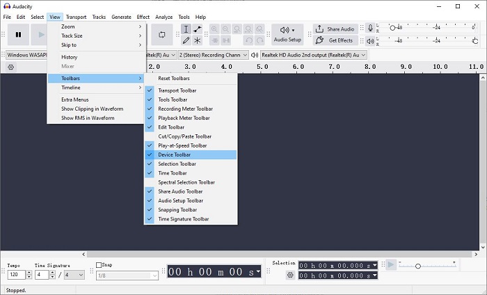enable device toolbar in audacity