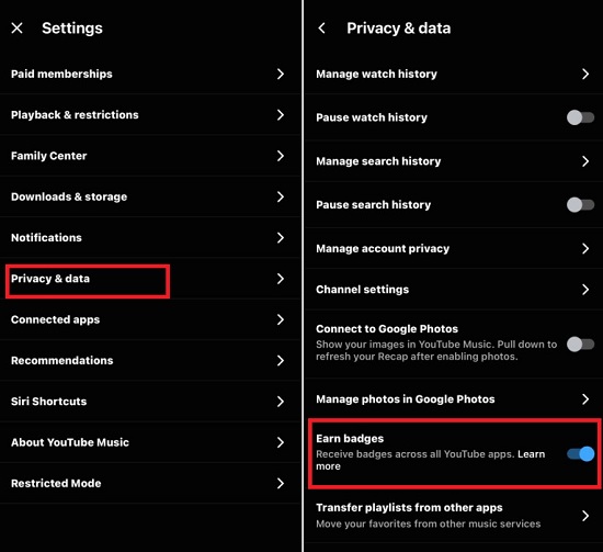 enable earn badges in youtube music app