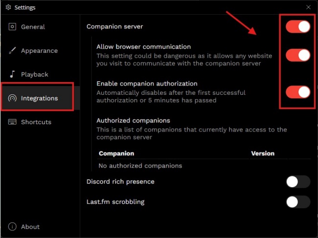 enable youtube music setting integration companion server