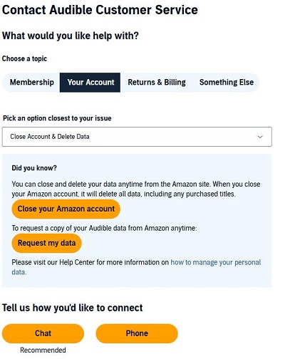 fill out audible customer contact