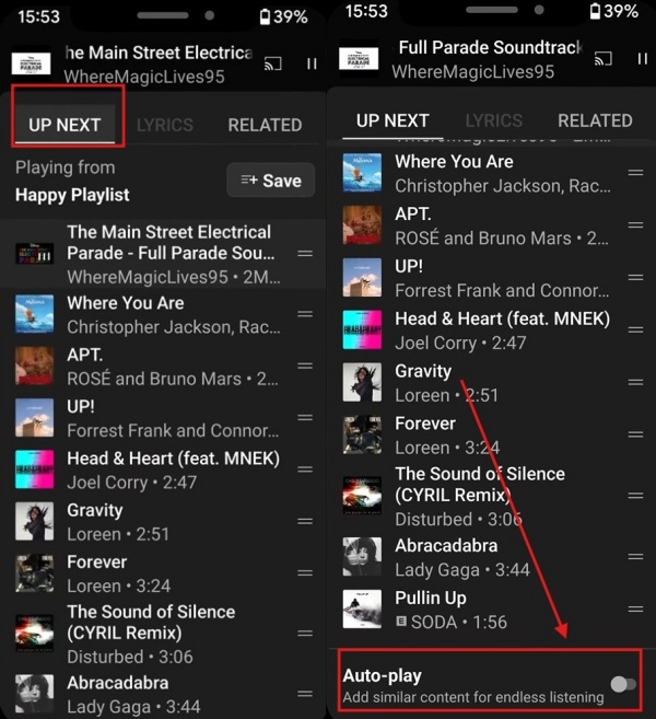 find autoplay in upcoming list on youtube music app