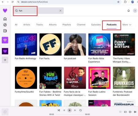 find deezer podcast via the search bar