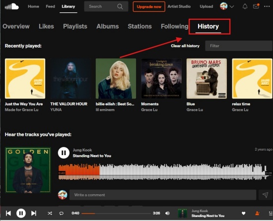 find recently played songs on soundcloud