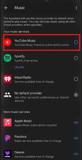 google home app service youtube music as default