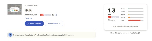 hulu score on trustpilot
