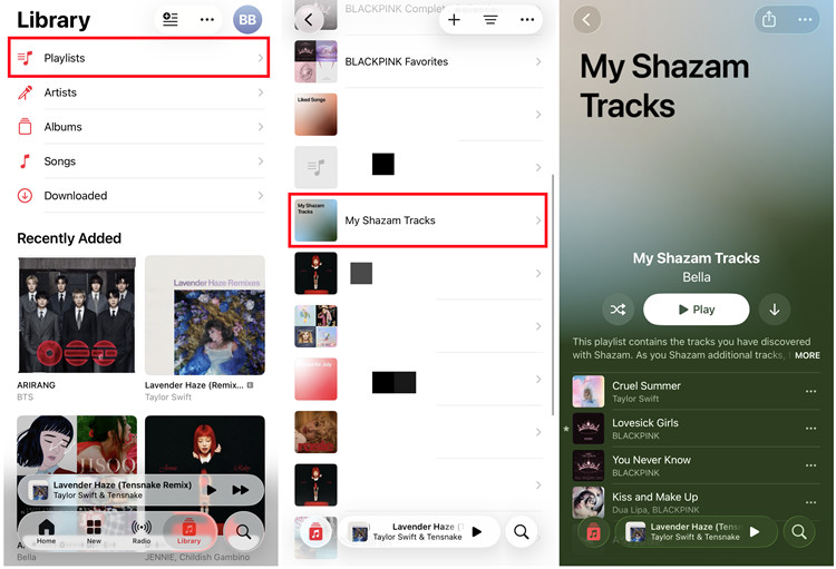 ios music library playlists my shazam tracks
