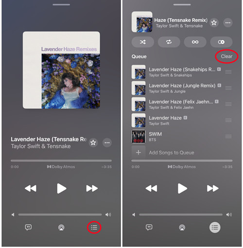 ios music now playing up next queue clear