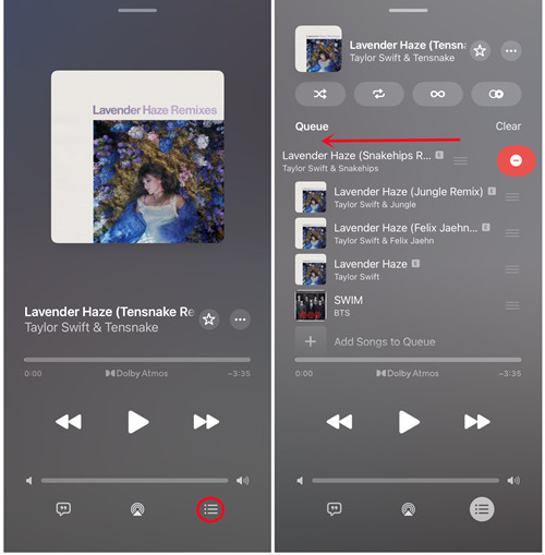 ios music now playing up next queue song remove
