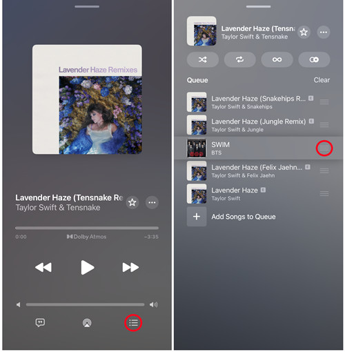 ios music now playing up next queue song reorder