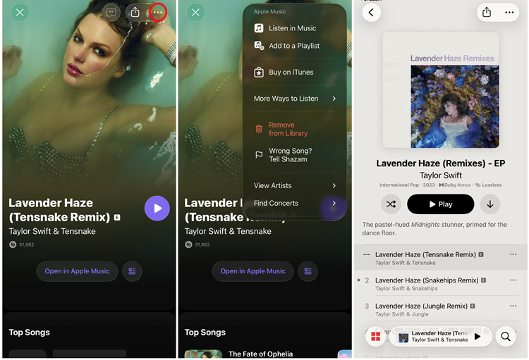 ios shazam recognized song open in apple music