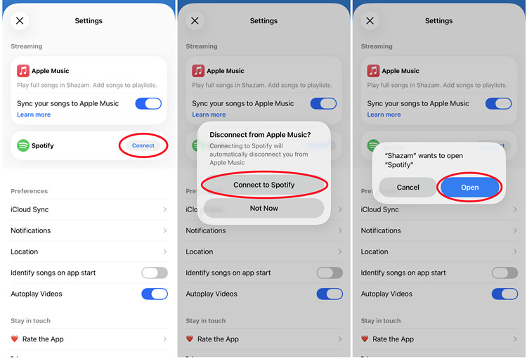 ios shazam settings connect to spotify