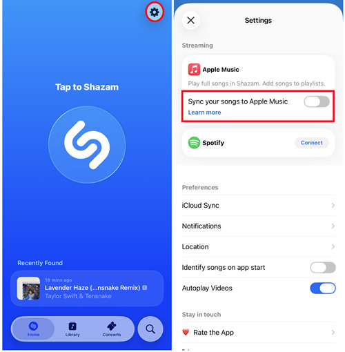 ios shazam settings sync your songs to apple music