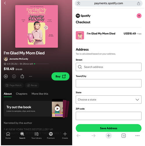 ios spotify audiobooik buy checkout