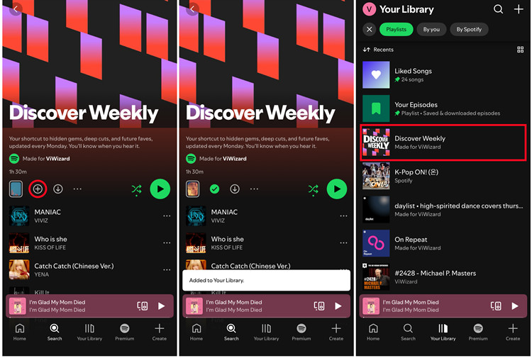 ios spotify discover weekly add to your library