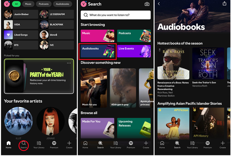 ios spotify home search audiobooks